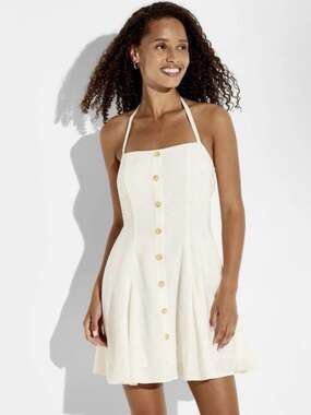 Women's Ivory Linen Blend Halter Button Front A-Line Summer Dress NWT Size M